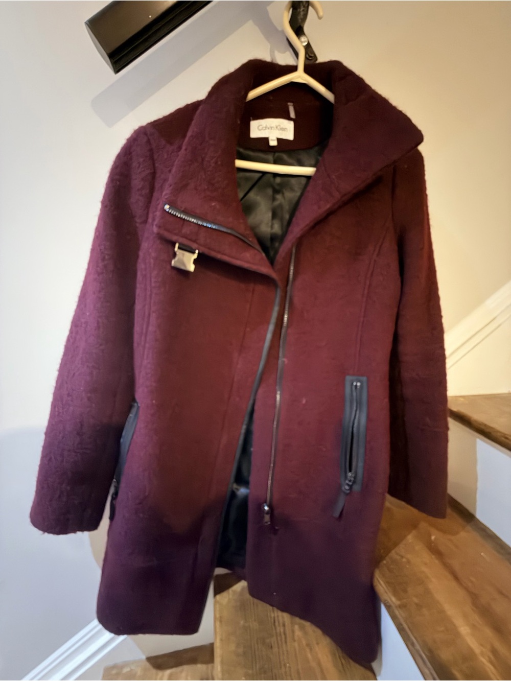 Calvin Klein Women's Dark Burgundy Wool-Blend Asymmetrical Pea Coat
